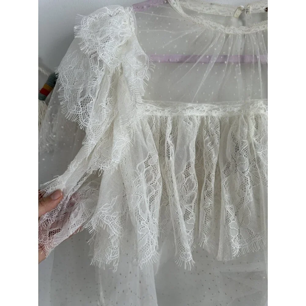 Free People Chloe Swiss Dot Lace Ruffle Sheer White Top Cottage Romantic Dainty